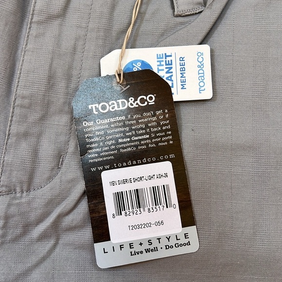 New! Toad & Co mens swerve shorts in light ash ,SZ 36. - Picture 2 of 8